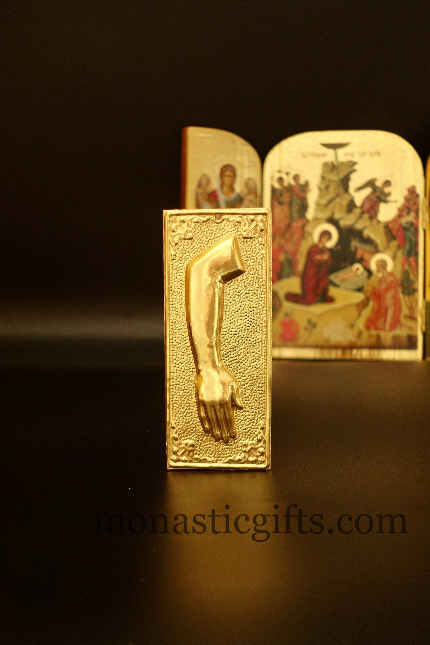 tama votive offering " Right Arm" votive Colored Gold, Byzantine Greek Eastern Orthodox Promise Icon, Ex Voto
