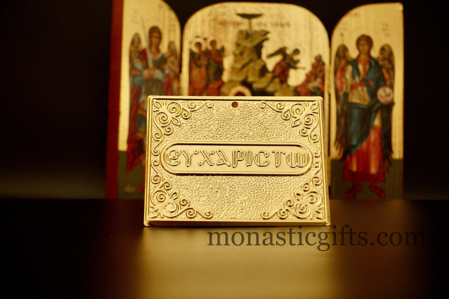 tama votive offering "ευχαριστω" Gold Colored votive, Byzantine Greek Eastern Orthodox Promise Icon, Ex Voto