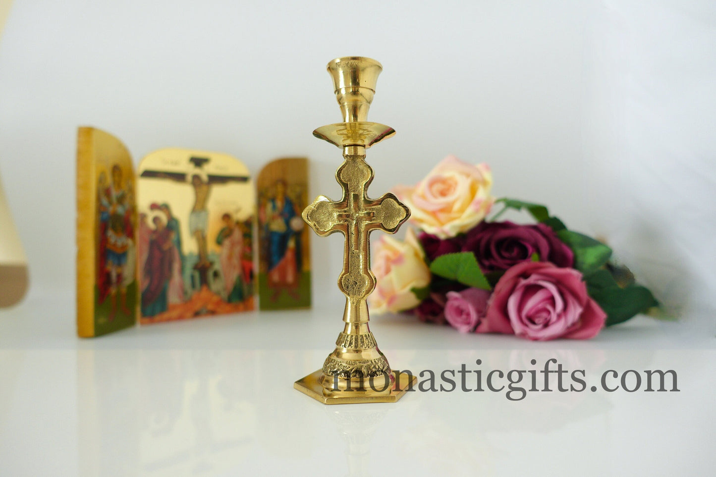 Brass Candlestick Candle Holder with cross Handmade 100% Authentic a perfect Christian Gift