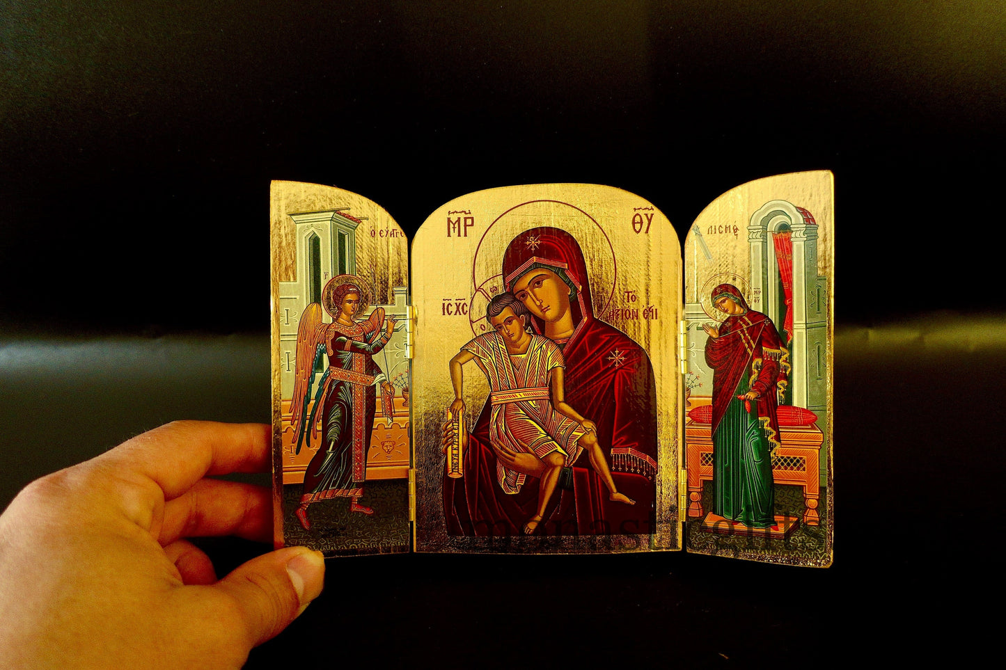 Triptych wooden Icon with Virgin Mary(Aksion Esti - Αξιον Εστι) and the Annunciation of the Virgin Mary , Greek Orthodox Icon.