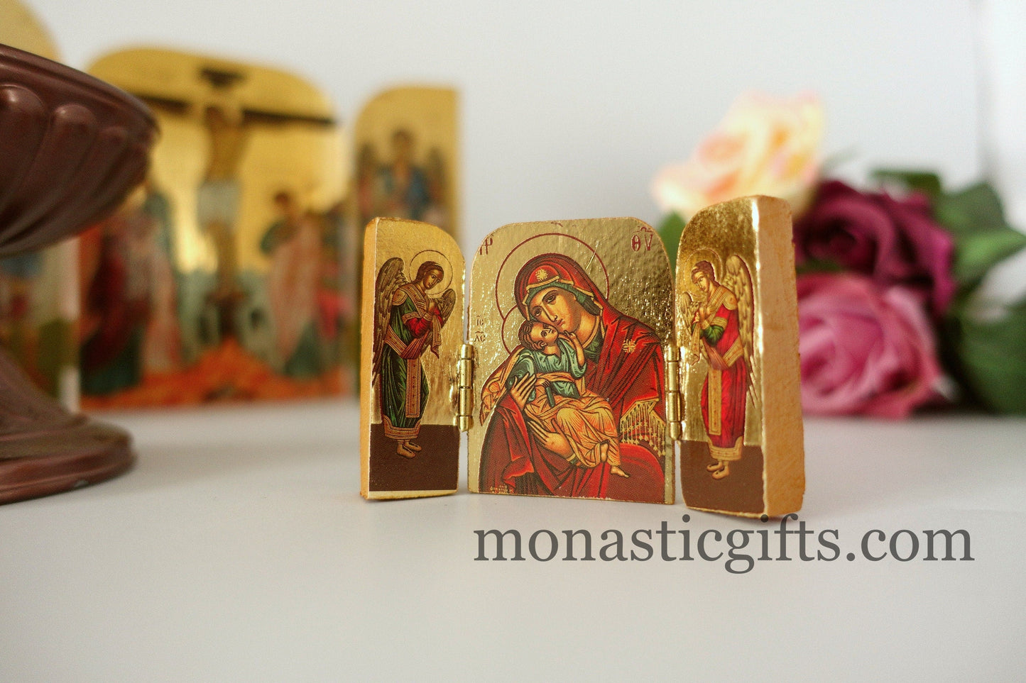 Triptych small wooden Icon with the Holy Theotokos and Archangels, Greek Orthodox Icon , Home Decor,Orthodox Gift