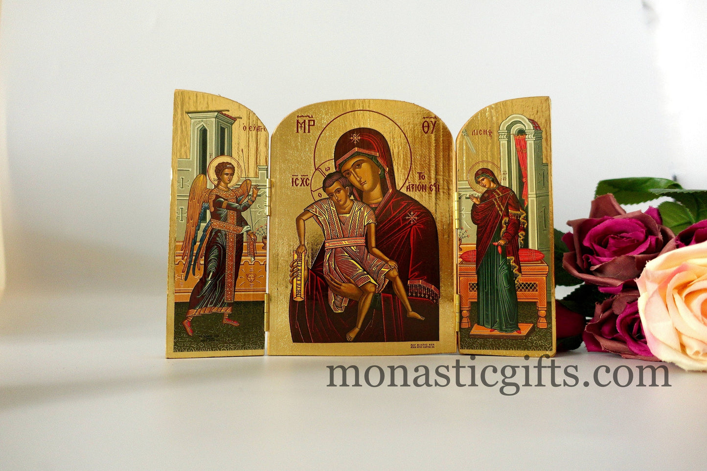 Triptych wooden Icon with Virgin Mary(Aksion Esti - Αξιον Εστι) and the Annunciation of the Virgin Mary , Greek Orthodox Icon.