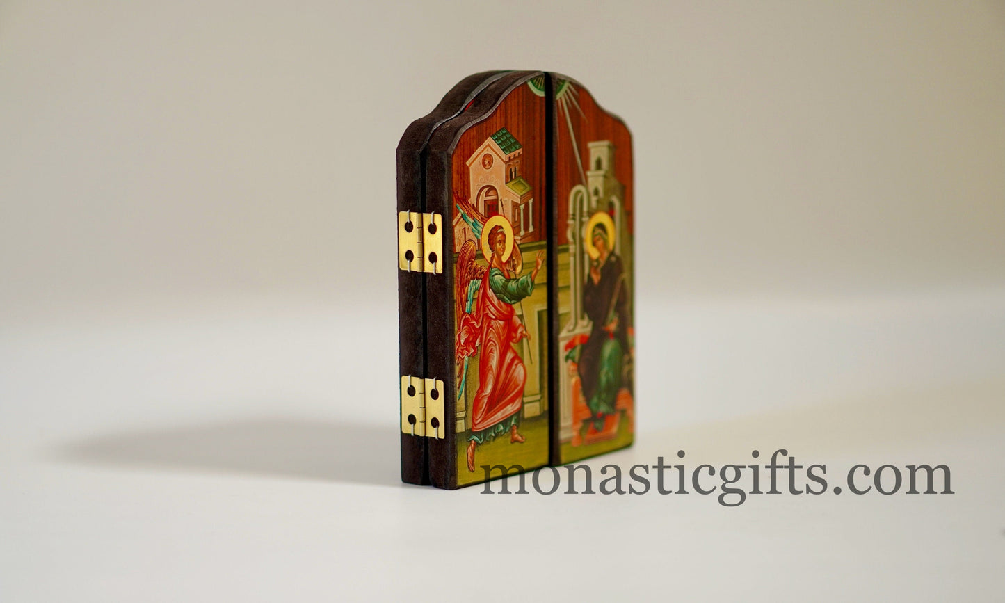 Triptych wooden Icon of Jesus Christ With Saint Ioannis and the Holy Theotokos , Greek Orthodox Icon