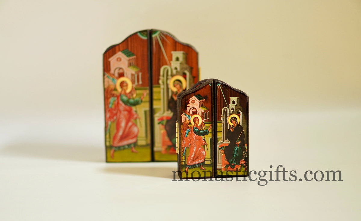 The Resurrection of Jesus Christ and the Annunciation of the Virgin Mary Wooden Triptych Orthodox Icon (3 Sizes) - Patron & Divine Protection of Faith, Salvation, Good News & Victory Over Death - Handcrafted Folding Travel Icon with Certificate
