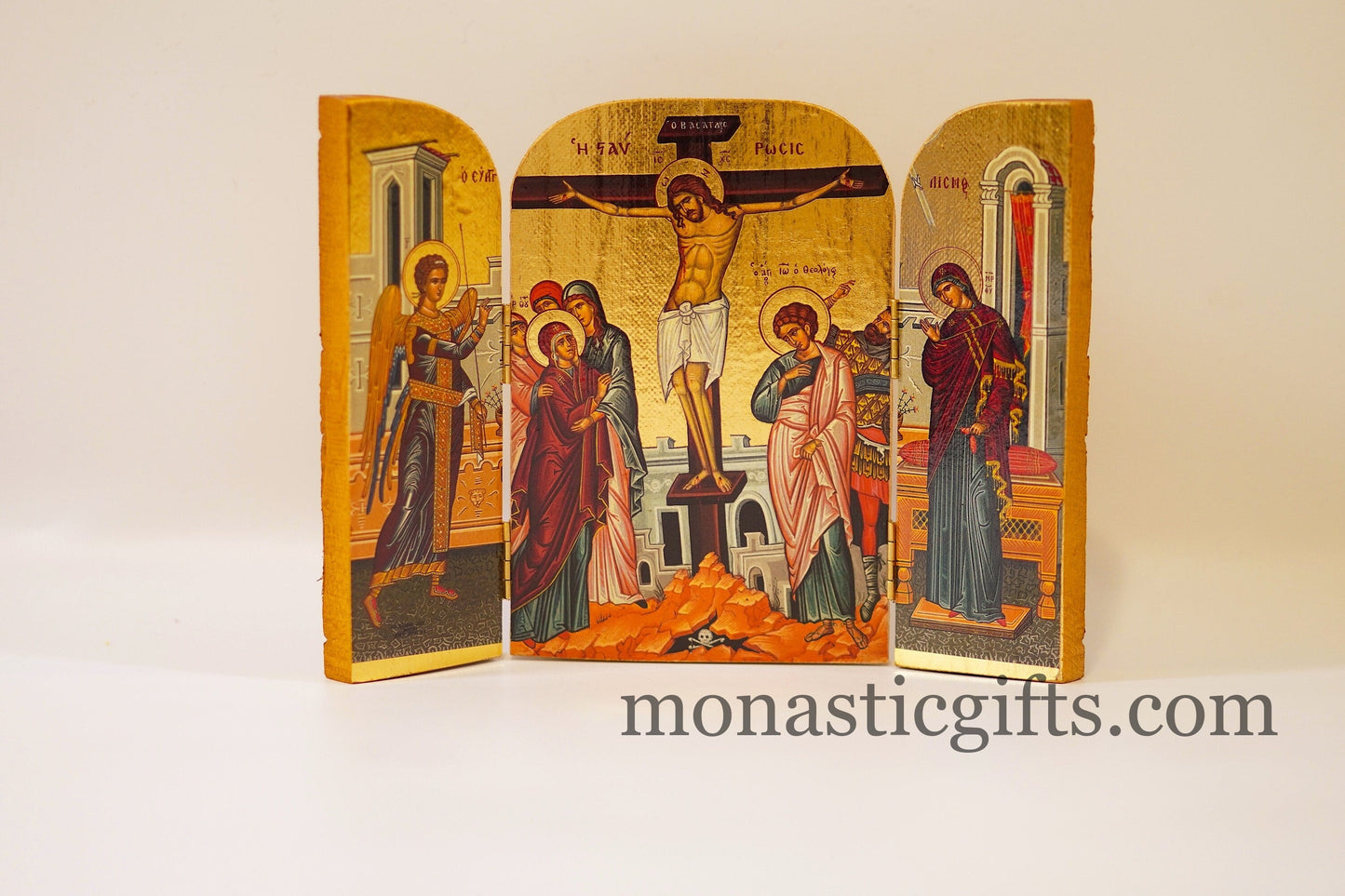 Triptych wooden Icon with the crucifixion With Archangels Michael and the Holy Theotokos , Greek Orthodox Icon , Home Decor,Orthodox Gift