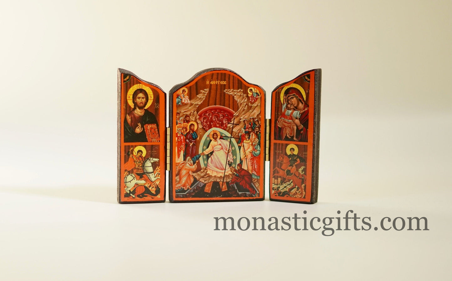Triptych wooden Icon with Resurrection of Jesus Christ and with many themes of Byzantine icons , Greek Orthodox Icon