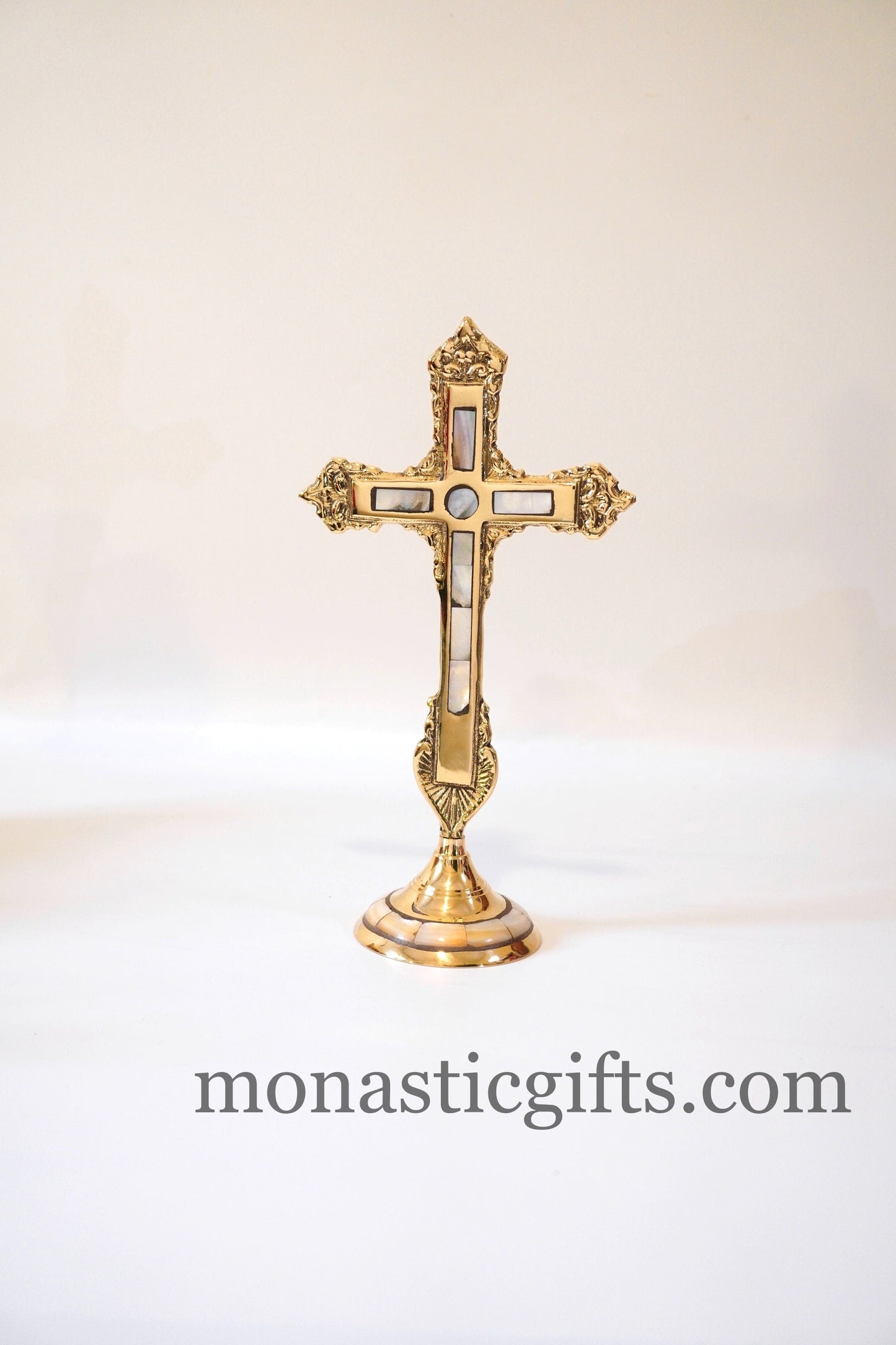 Standing Brass Altar Cross radiates a brilliant shine Adorned with mother-of-pearl - Altar Table - Home Decor a perfect Christian Gift