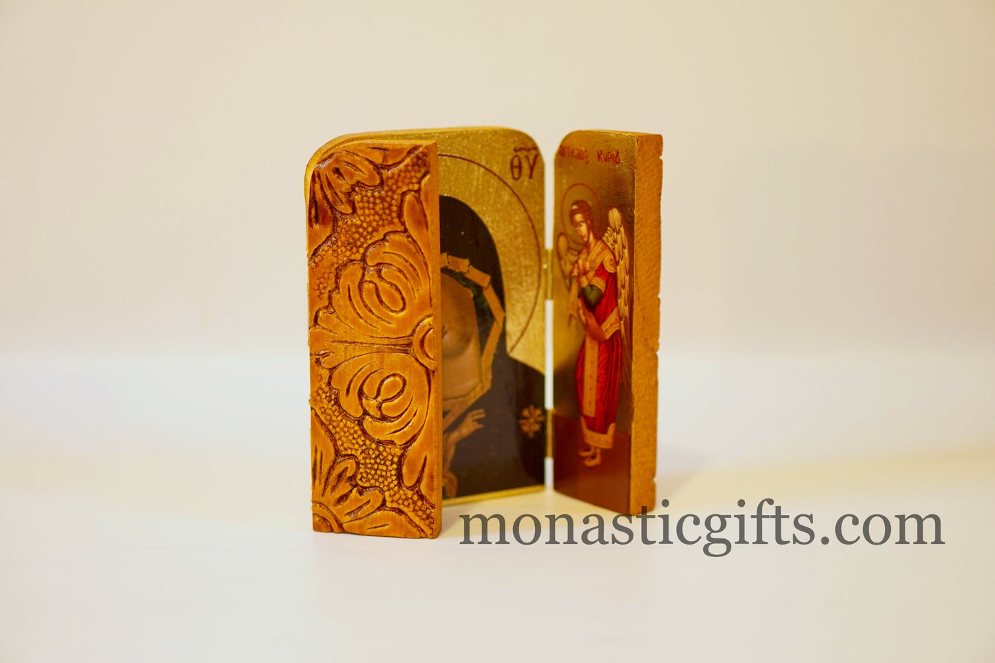 Triptych wooden Icon with Virgin Mary , Greek Orthodox Byzantine Icon.
