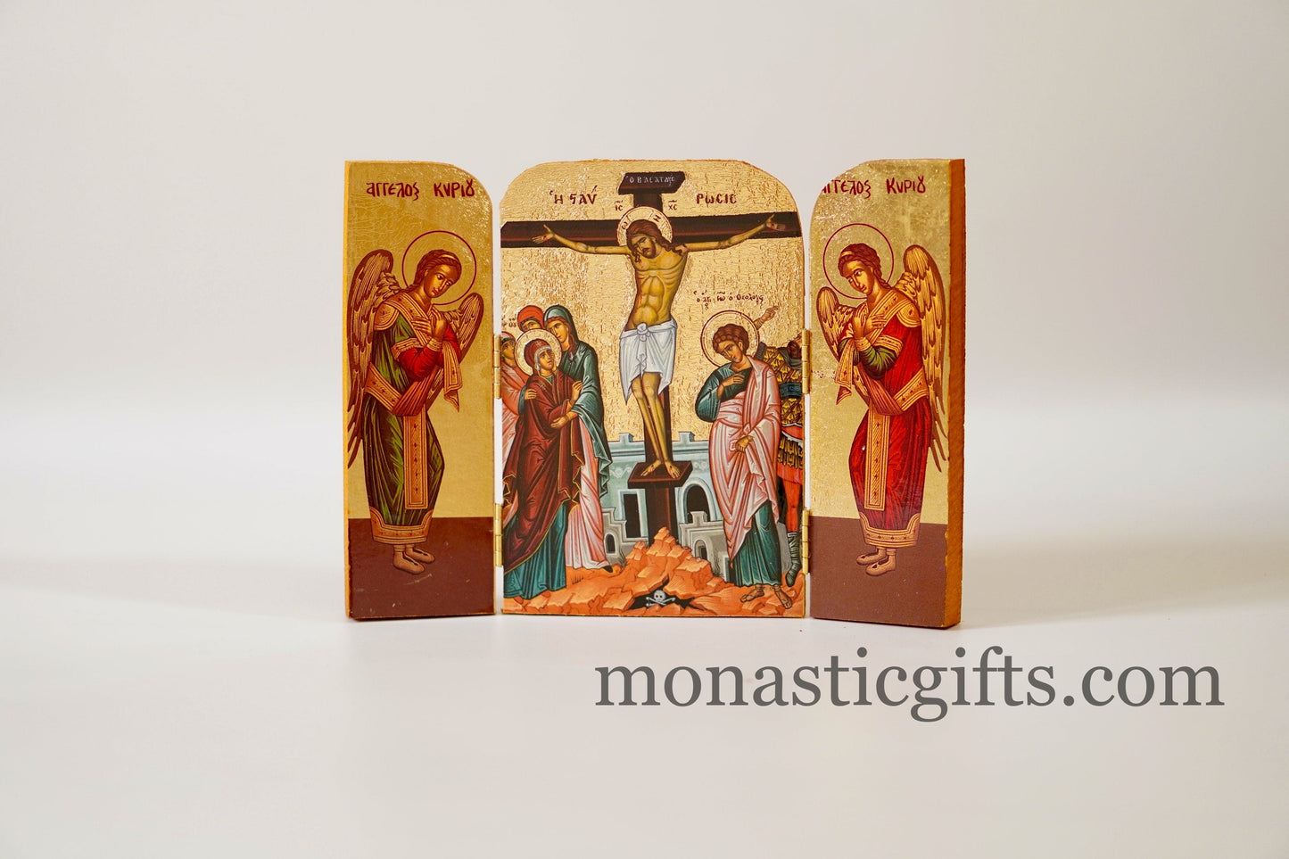 Small Triptych wooden Icon with the crucifixion and Αngels on the Doors , Greek Orthodox Icon , Home Decor,Orthodox Gift