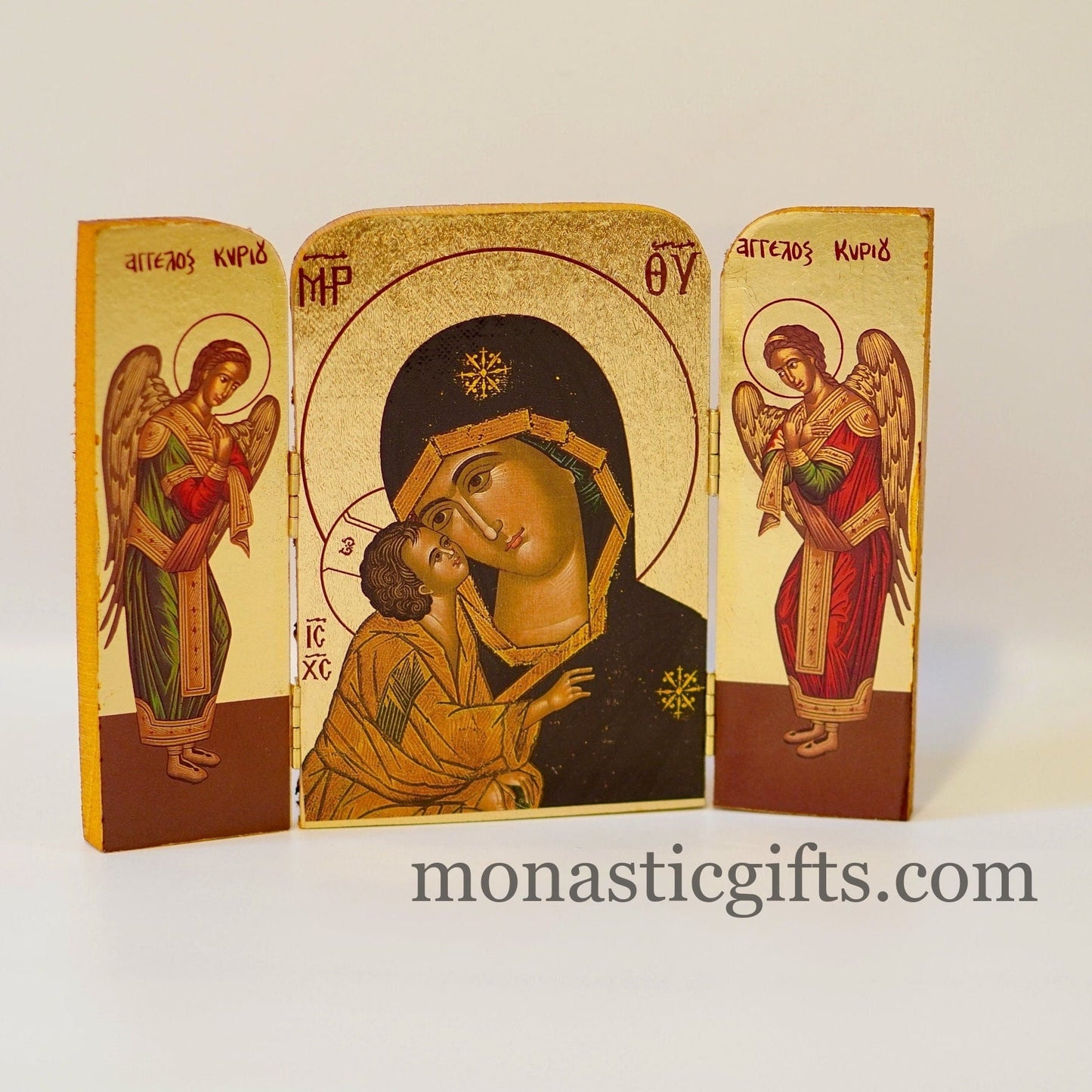Triptych wooden Icon with Virgin Mary , Greek Orthodox Byzantine Icon.