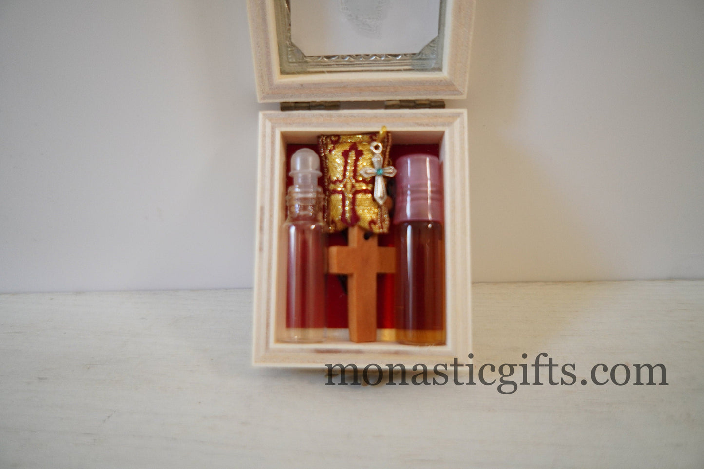 Wooden Box with icon of Mother of God and Myrrh oil- amulet-empty Glass for Holy water And wooden Cross A perfect idea for Gift