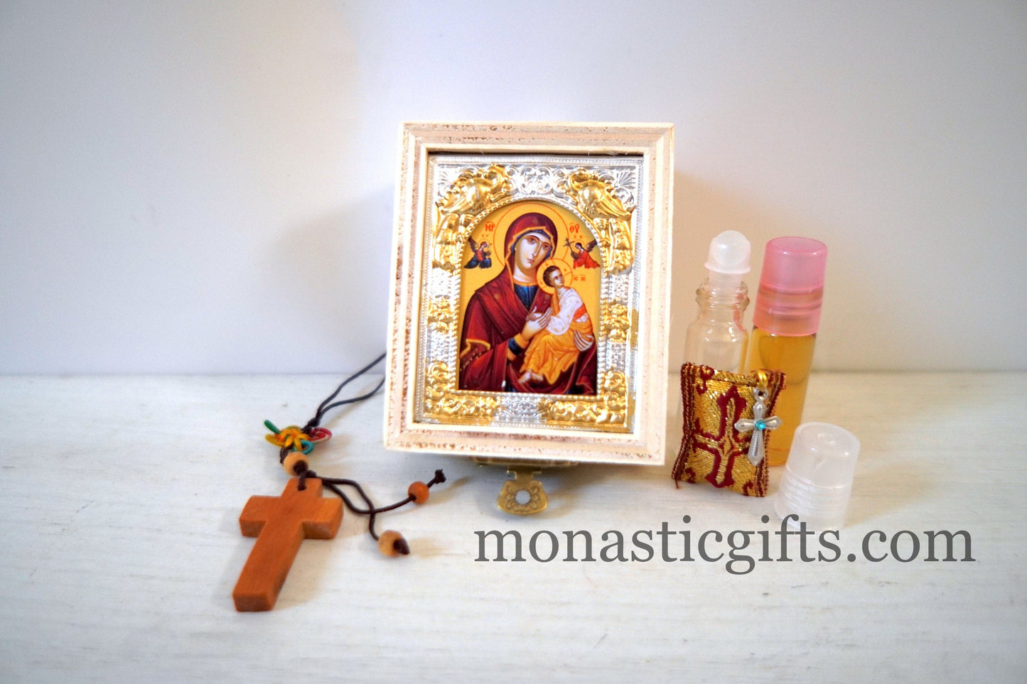 Wooden Box with icon of Mother of God and Myrrh oil- amulet-empty Glass for Holy water And wooden Cross A perfect idea for Gift