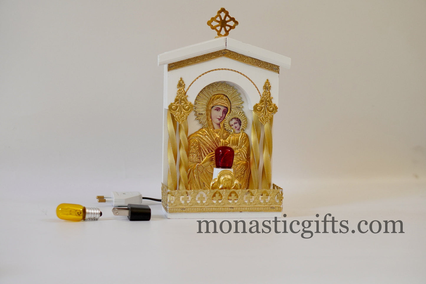 Traditional Orthodox White Wooden Wall-Hanging Electric Vigil Lamp with Icon & Silver-Plated Accents — Grandma's Night Light Altar Lamp Set