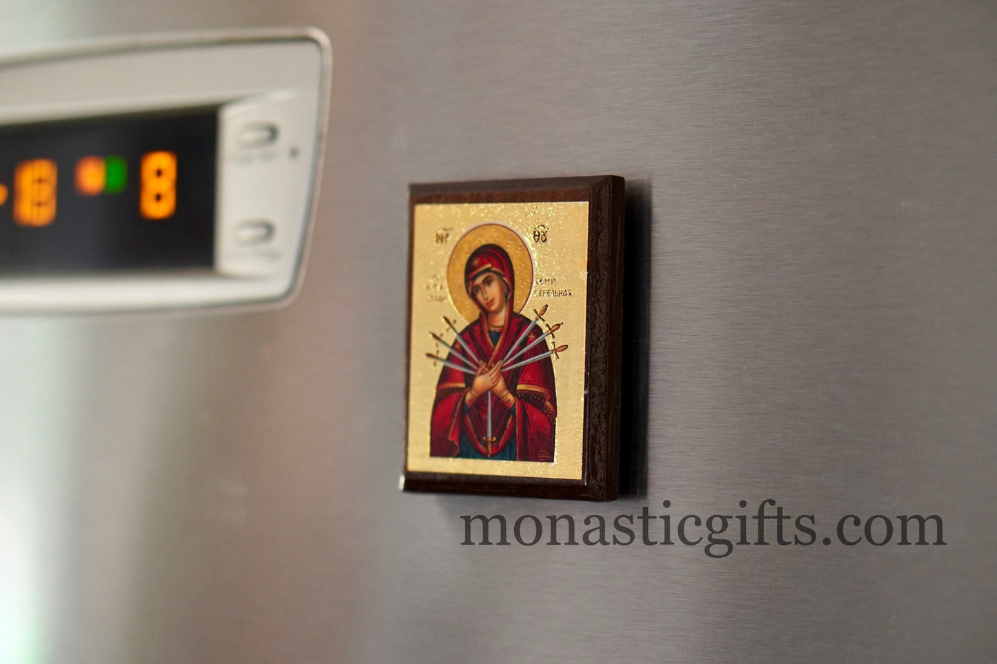 Virgin Mary Seven Swords byzantine icon in magnet ,refrigerator magnet.