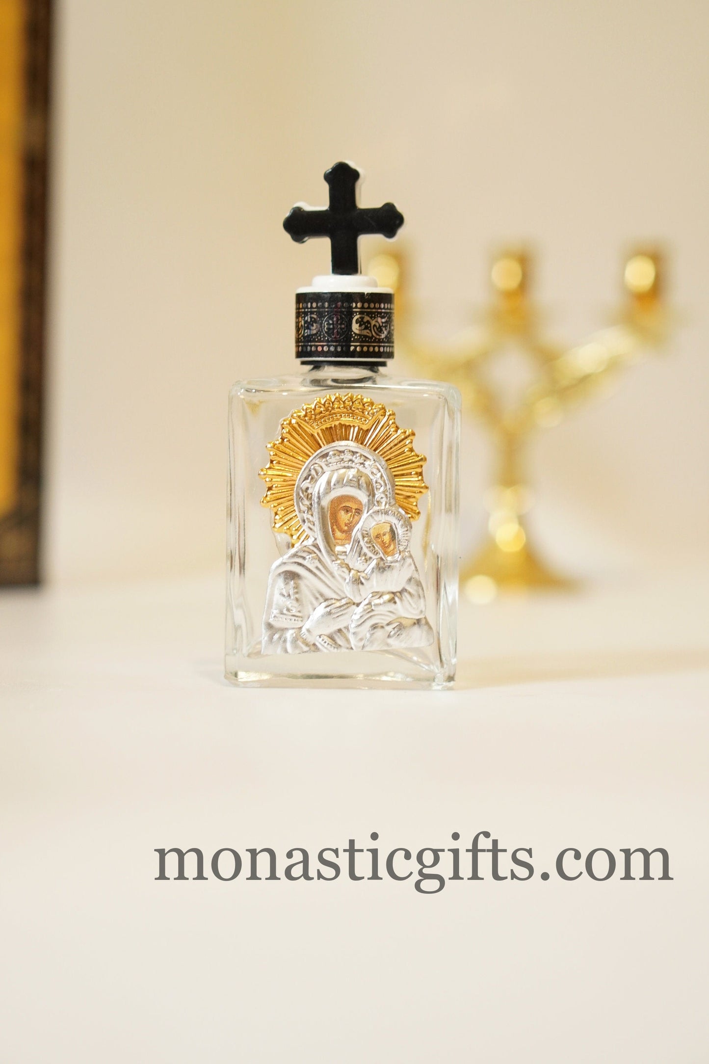 Holy Water Glass Bottle With metal colored Silver and Gold Theotokos Icon and plastic screw cap with cross Orthodox Gift