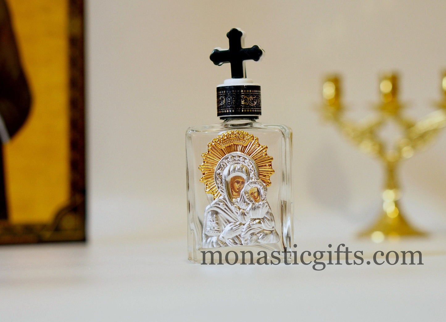 Holy Water Glass Bottle With metal colored Silver and Gold Theotokos Icon and plastic screw cap with cross Orthodox Gift