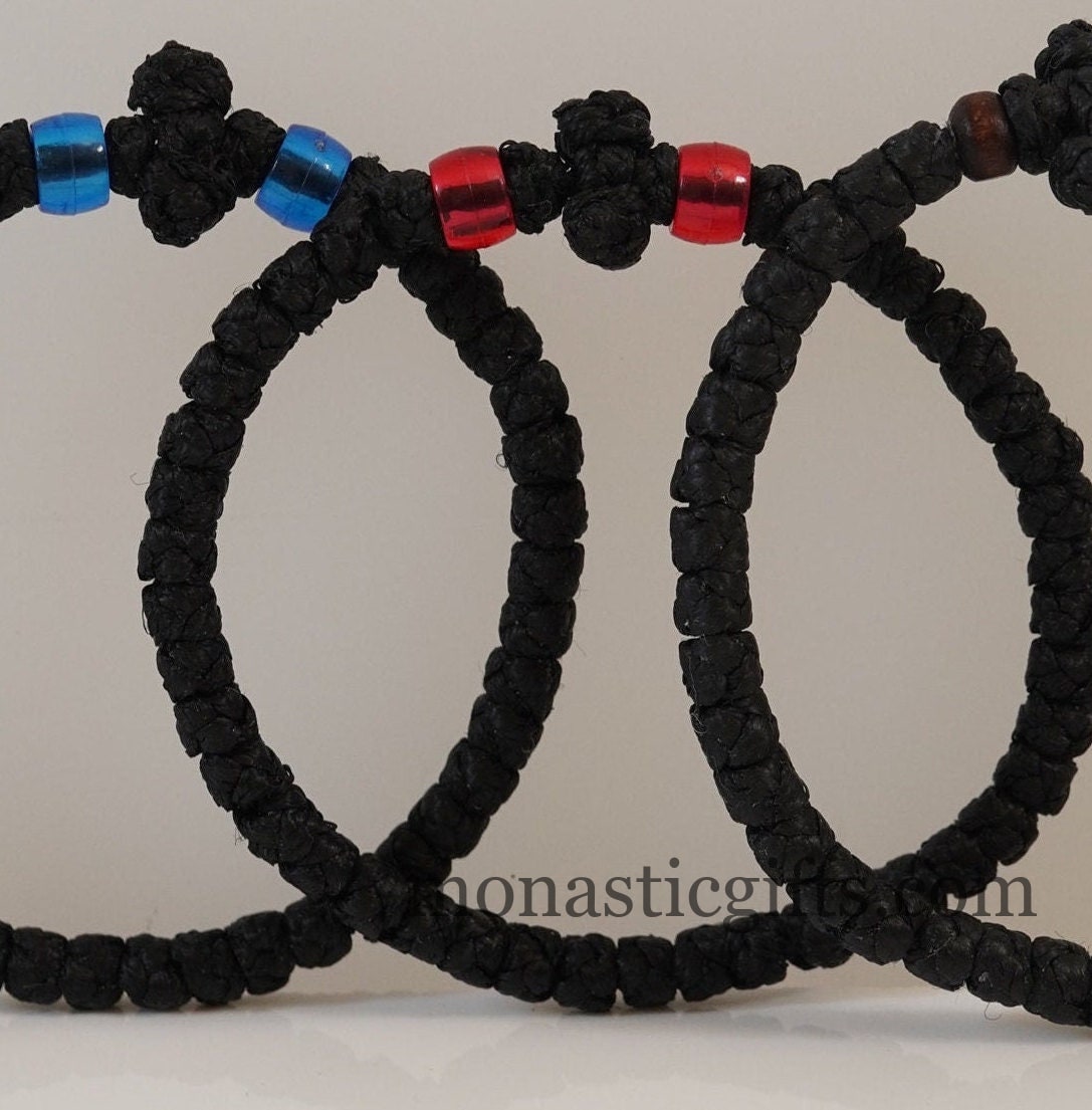 Thick waxed Komboskini 33 knots (the original) -Prayer Rope - Black thick waxed knots with red beads - Orthodox Gift - Chotk