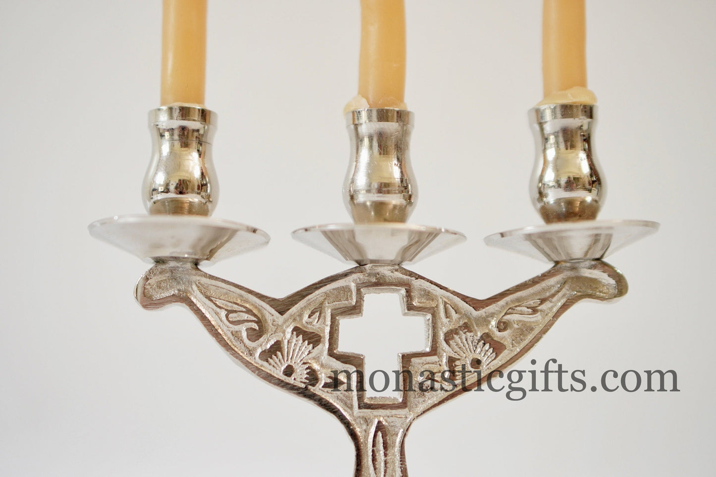 Brass Nickel Carved triple Candlestick Candles Holder with cross Handmade brass candle holder 100% Authentic