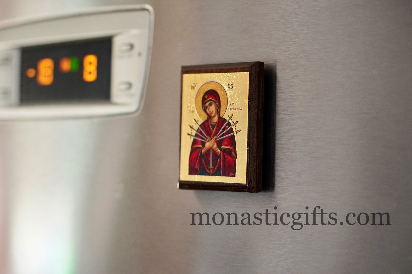 Virgin Mary Seven Swords byzantine icon in magnet ,refrigerator magnet.