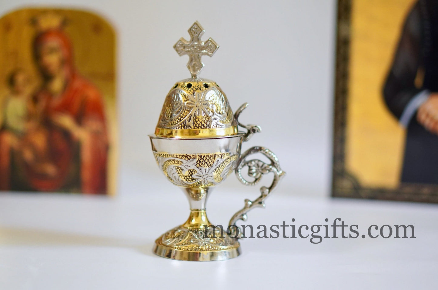 Incense Burner Handmade - Perfume burner - Thurible Censer Silver Gold Metal Little Church with handle Christian With free Gifts