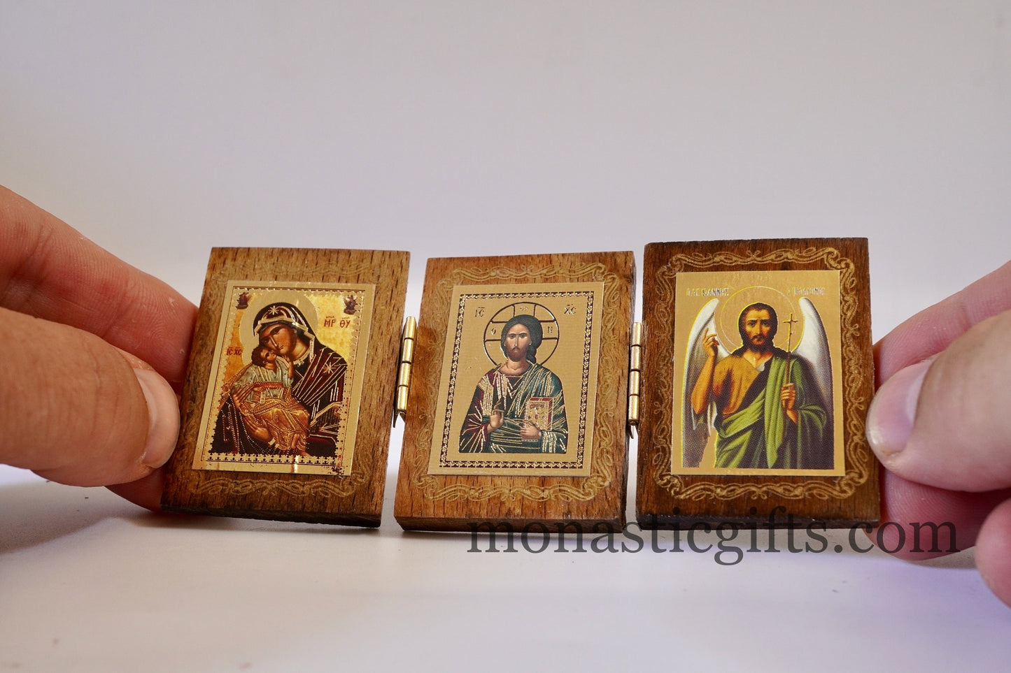 Triptych small wood Orthodox Icon of Jesus Christ Holy Theotokos and Saint Ioannis The baptist , Home Decor,Orthodox Gift