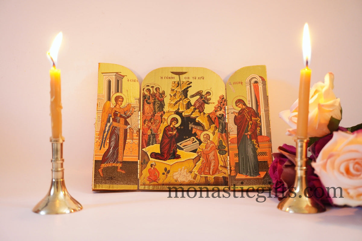 The Nativity of Jesus Christ and the Virgin Mary Wooden Triptych Icon for Home Iconostasis & Travel