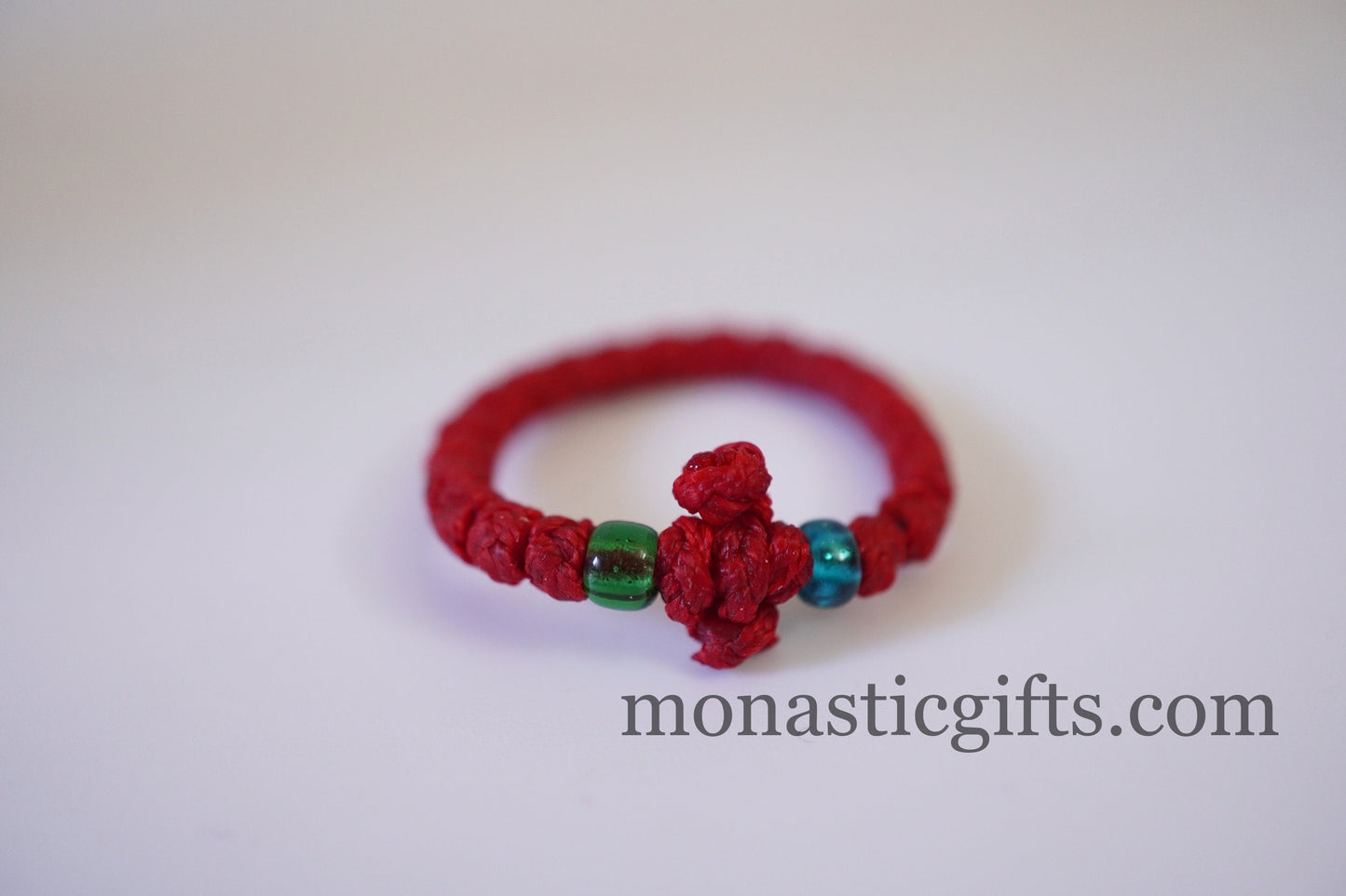 Finger Prayer waxed Rope komboskini, brojanica, rosary, Chotki- 1 pcs pack Red color - waxed thin with blue beads - Orthodox Gift