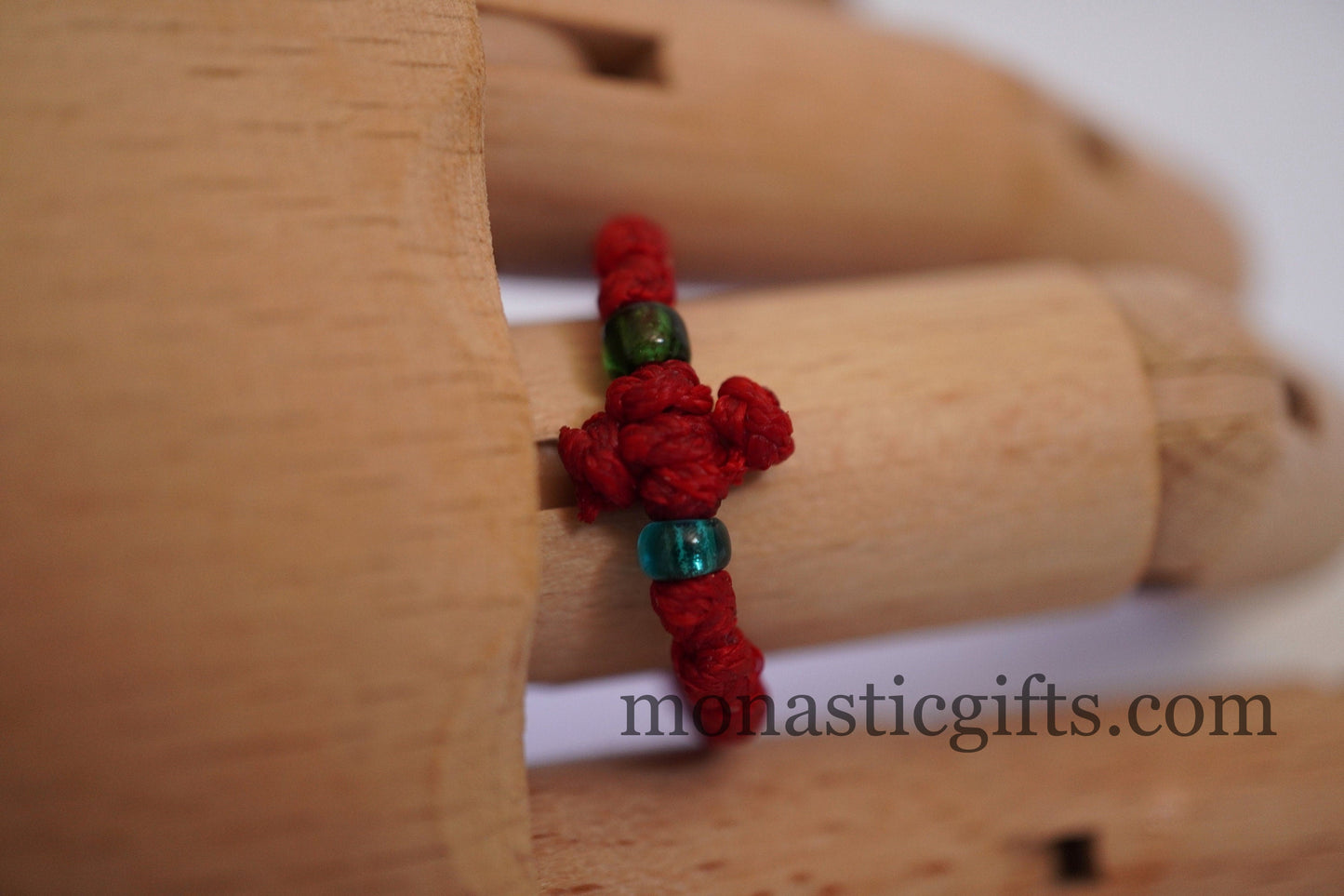 Finger Prayer waxed Rope komboskini, brojanica, rosary, Chotki- 1 pcs pack Red color - waxed thin with blue beads - Orthodox Gift