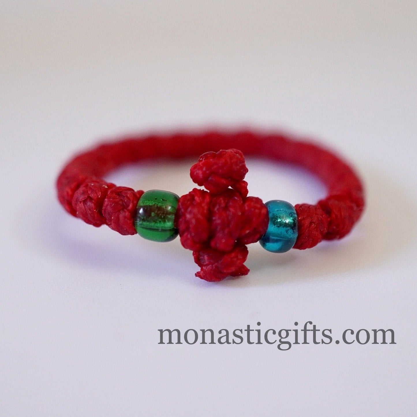 Finger Prayer waxed Rope komboskini, brojanica, rosary, Chotki- 1 pcs pack Red color - waxed thin with blue beads - Orthodox Gift