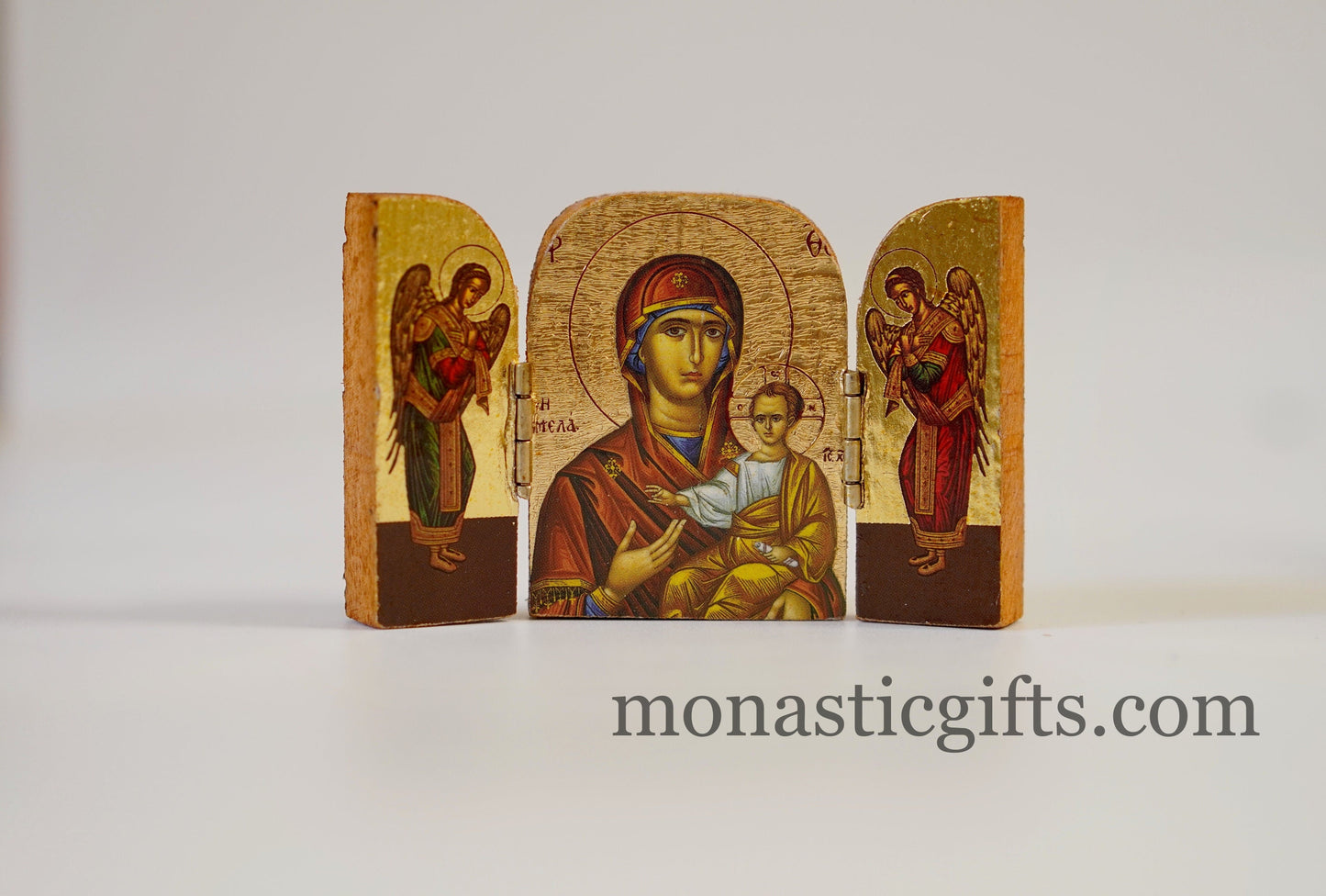 Triptych small wooden Icon with the Holy Theotokos Soumela and Archangels, Greek Orthodox Icon , Home Decor,Orthodox Gift