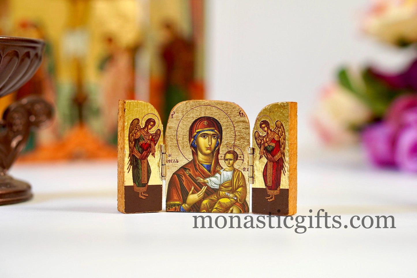 Triptych small wooden Icon with the Holy Theotokos Soumela and Archangels, Greek Orthodox Icon , Home Decor,Orthodox Gift