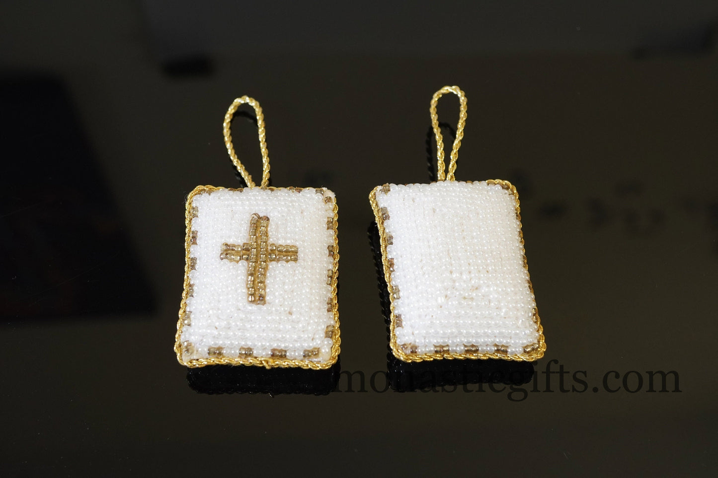 Christian traditional amulet with white beads and gold thread Rectangular pendant ,Filakto Οrthodox,Catholic Gift, very beautiful like jewl