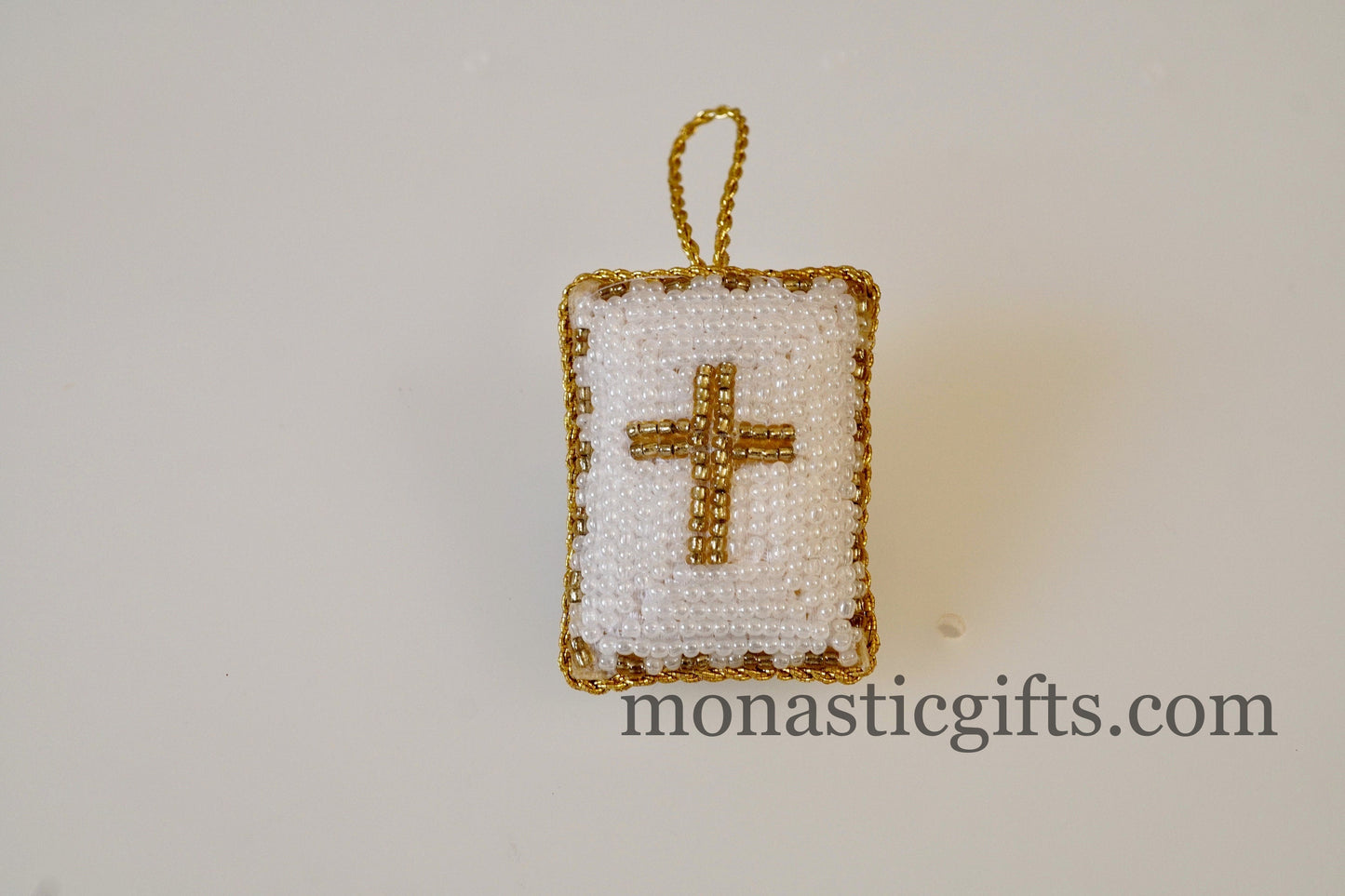 Christian traditional amulet with white beads and gold thread Rectangular pendant ,Filakto Οrthodox,Catholic Gift, very beautiful like jewl