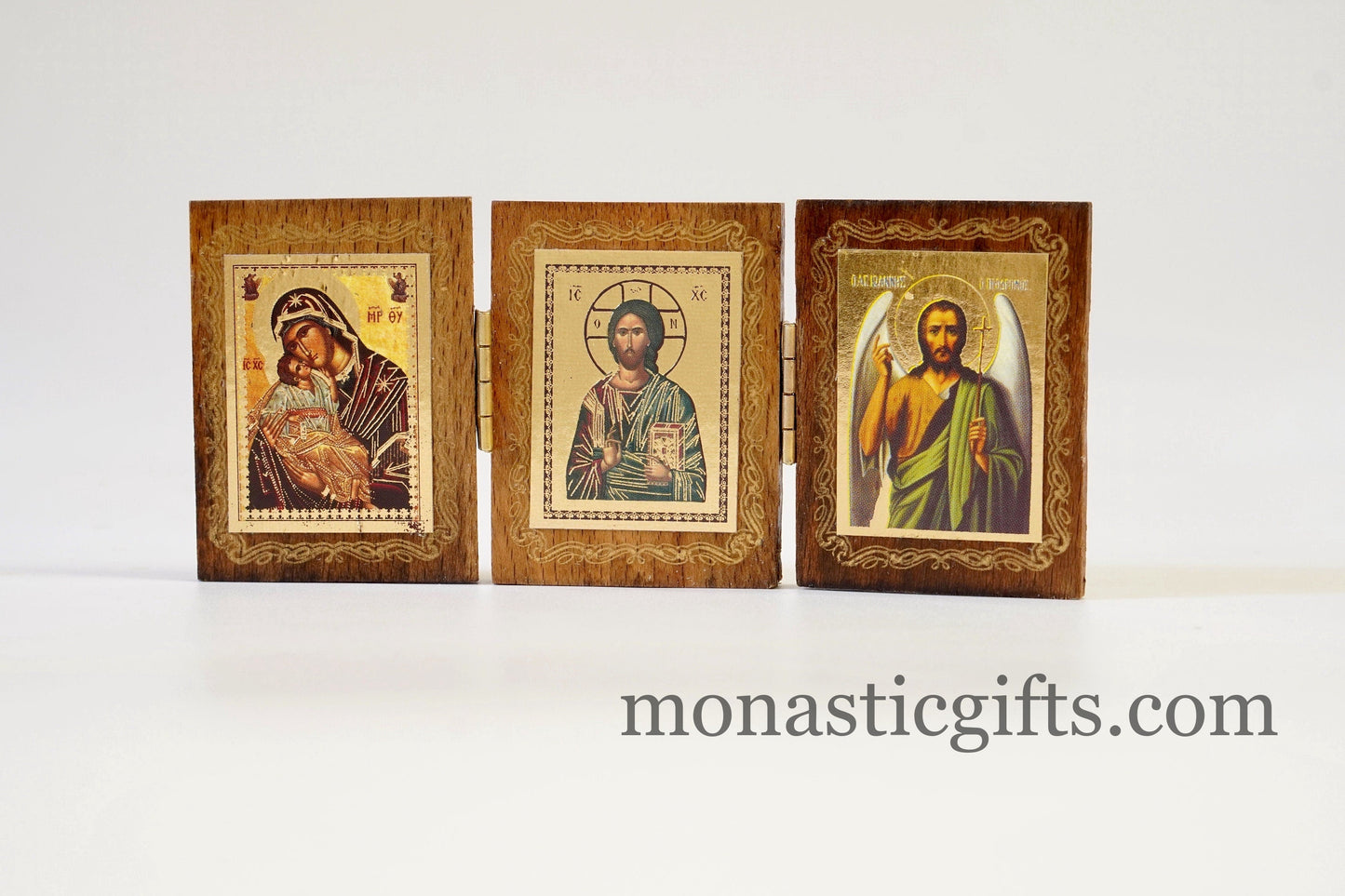 Triptych small wood Orthodox Icon of Jesus Christ Holy Theotokos and Saint Ioannis The baptist , Home Decor,Orthodox Gift