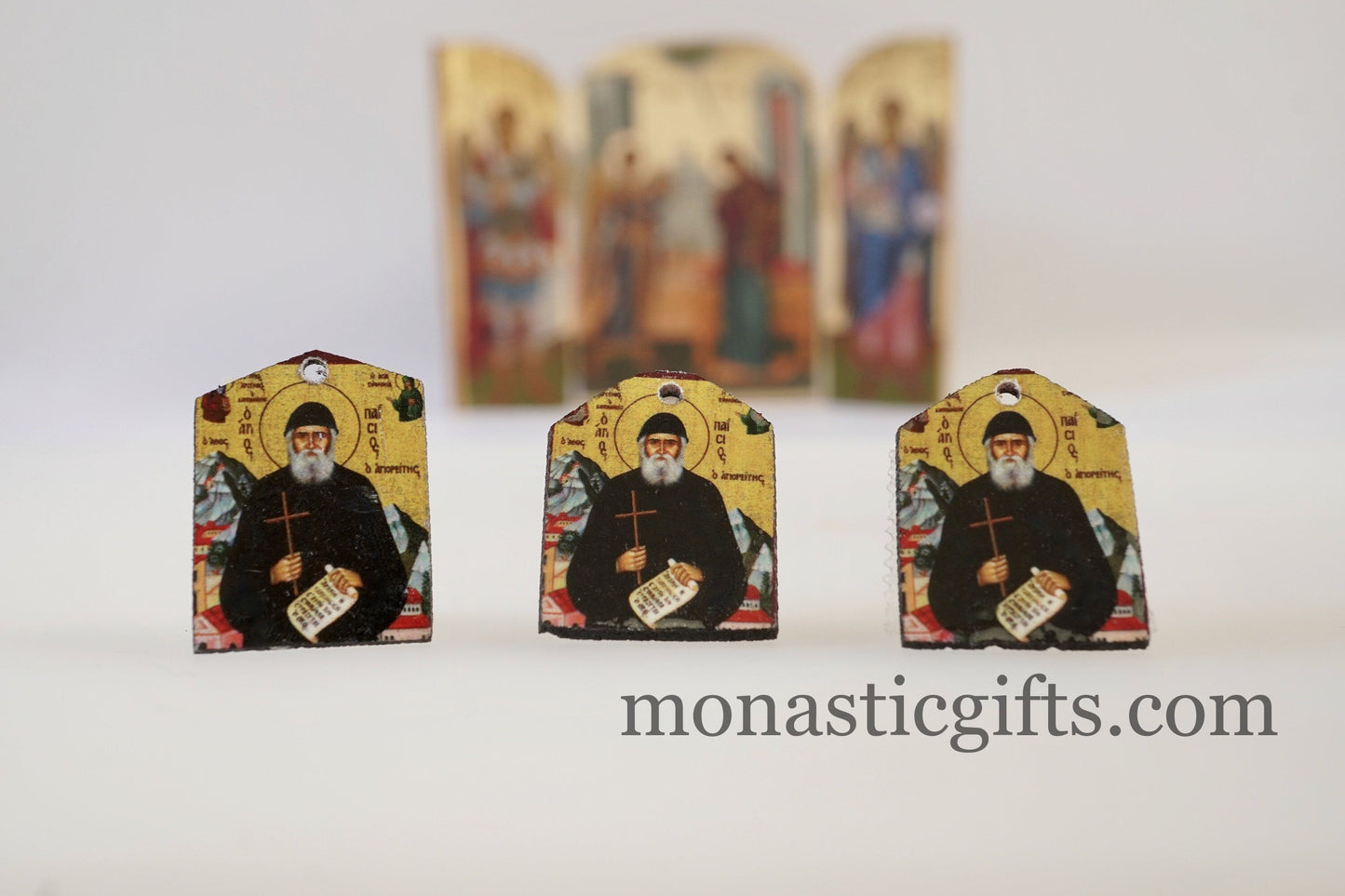 Tiny icons Saint Paisios of Mount Athos 3pcs-Wood Byzantine Christian Tiny Orthodox Icon amazing idea to make orthodox Christians gifts