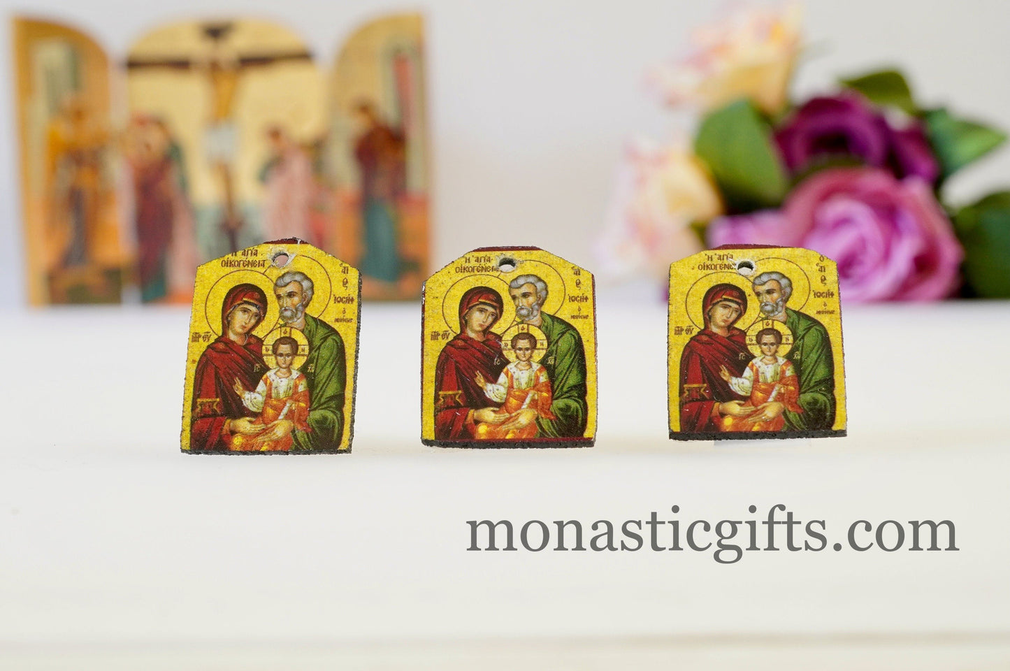 Tiny icons of Holy Family 3pcs-Wood Byzantine Christian Tiny Orthodox Icon amazing idea to make orthodox Christians gifts