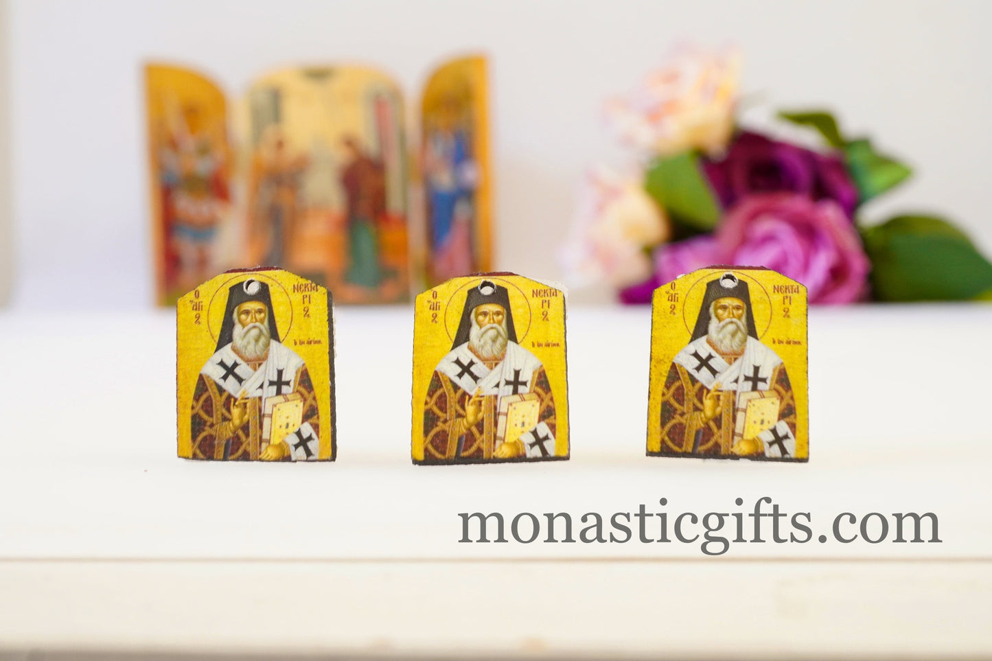 Tiny icons of Saint Nektarios 3pcs-Wood Byzantine Christian Tiny Orthodox Icon amazing idea to make orthodox Christians gifts