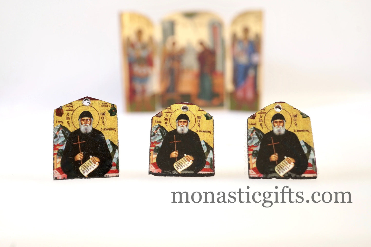 Tiny icons Saint Paisios of Mount Athos 3pcs-Wood Byzantine Christian Tiny Orthodox Icon amazing idea to make orthodox Christians gifts