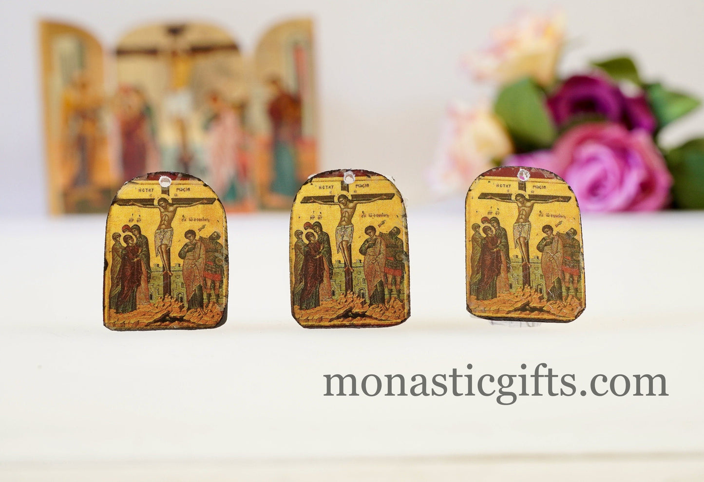 Tiny Orthodox icons crucifix of jesus, 3pcs - Wood Byzantine Christian Tiny Orthodox Icon amazing idea to make orthodox gifts