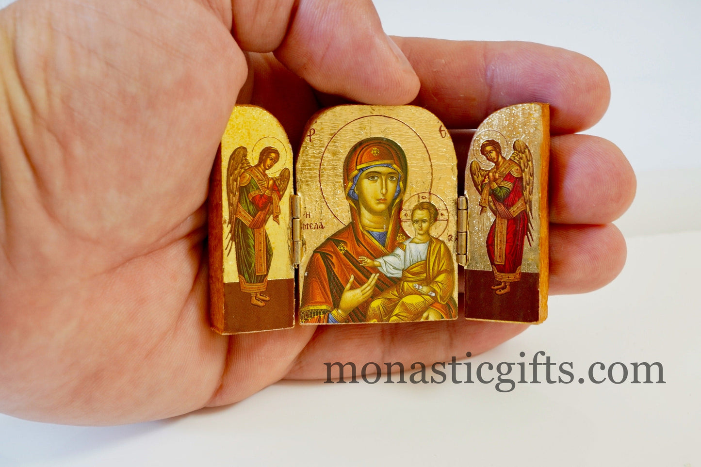 Triptych small wooden Icon with the Holy Theotokos Soumela and Archangels, Greek Orthodox Icon , Home Decor,Orthodox Gift