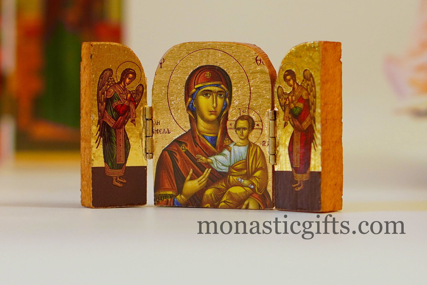 Triptych small wooden Icon with the Holy Theotokos Soumela and Archangels, Greek Orthodox Icon , Home Decor,Orthodox Gift