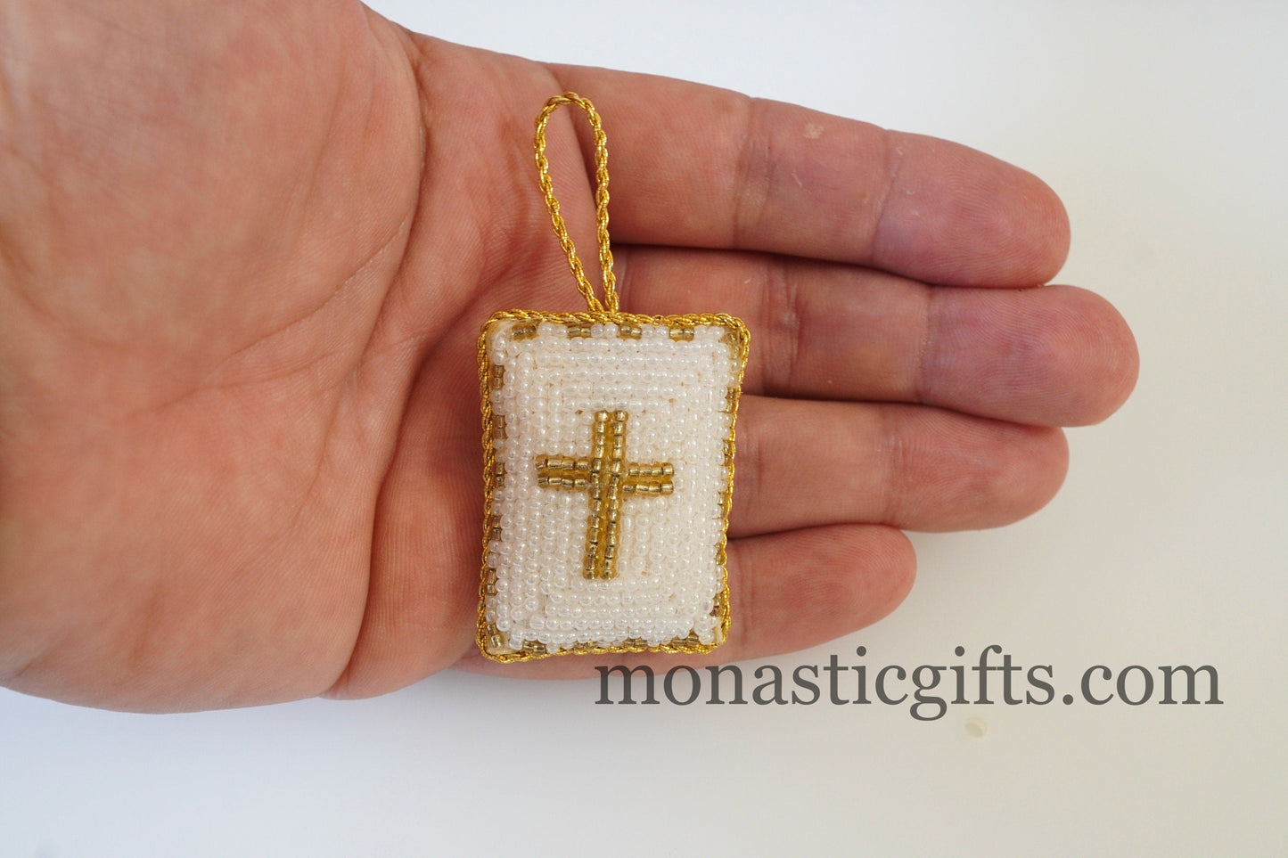 Christian traditional amulet with white beads and gold thread Rectangular pendant ,Filakto Οrthodox,Catholic Gift, very beautiful like jewl