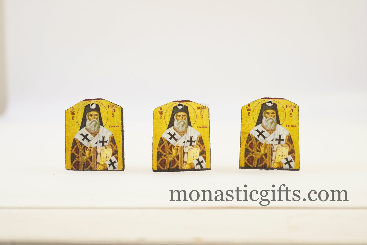 Tiny icons of Saint Nektarios 3pcs-Wood Byzantine Christian Tiny Orthodox Icon amazing idea to make orthodox Christians gifts