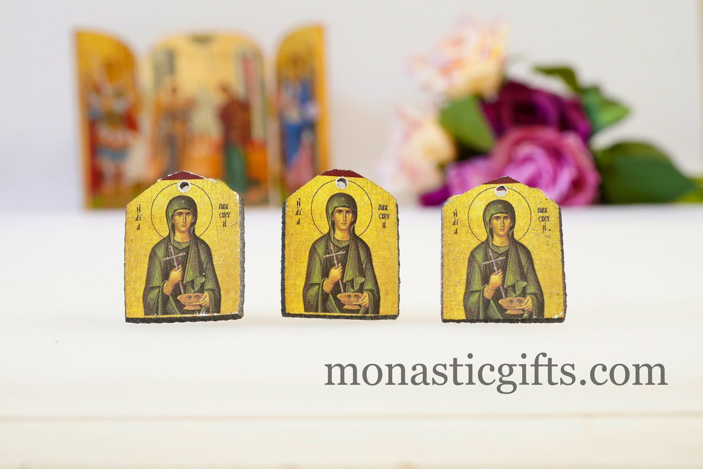 Tiny icons of Saint Paraskevi 3pcs-Wood Byzantine Christian Tiny Orthodox Icon amazing idea to make orthodox Christians gifts