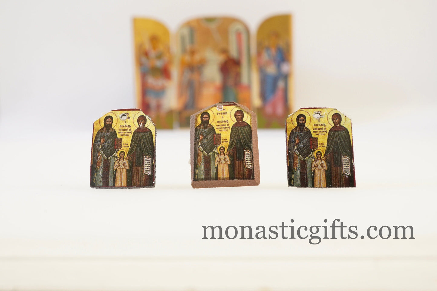 Tiny icons of saint Raphael, Nicholas and Irene 3pcs - Wood Byzantine Christian Tiny Orthodox Icon amazing idea to make orthodox gifts
