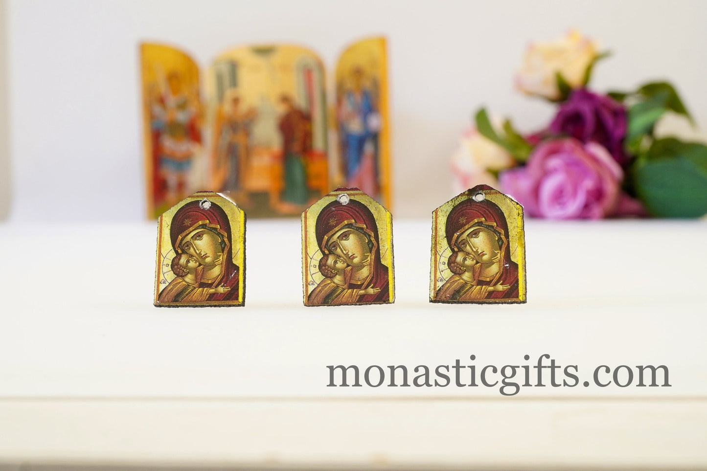 Tiny icon Virgin Mary 3pcs - Wood Byzantine Christian Tiny Orthodox Icon amazing idea to make orthodox Christians gifts