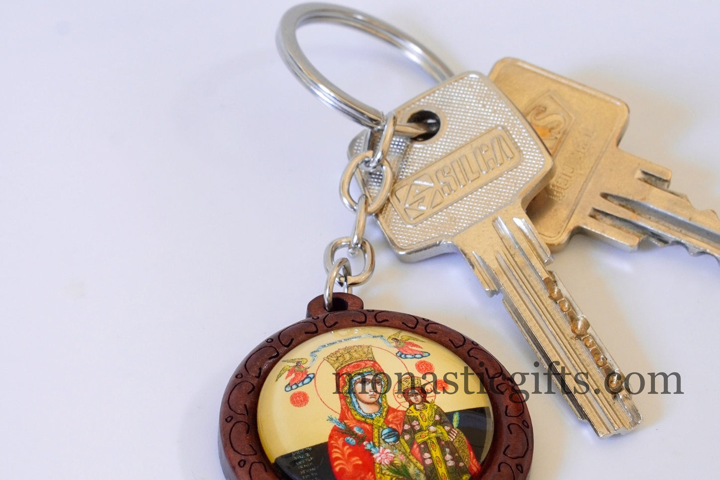 Orthodox Keychain with Mother of God (Gorgoipikoo) made of Curved wood and metal ,a perfect gift 10cm - 3.93 in Amazing Guality