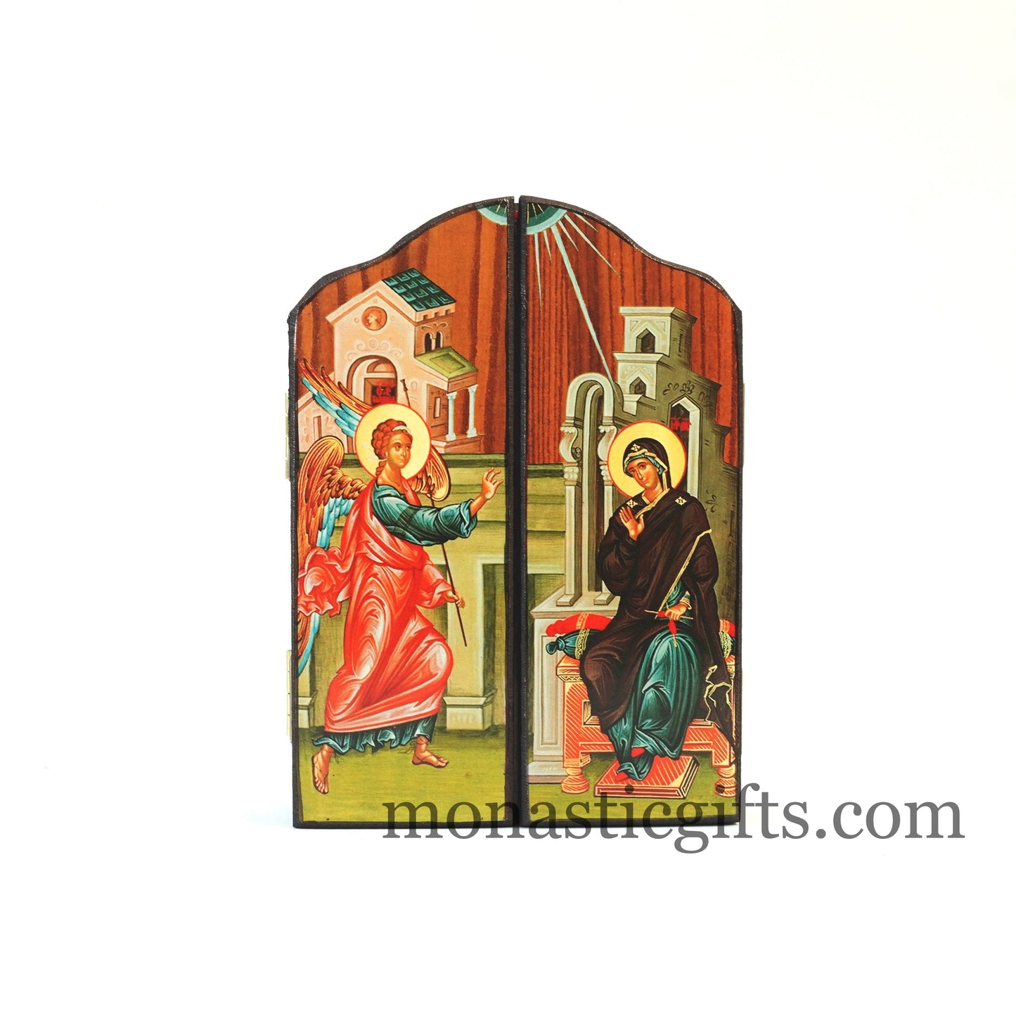 Triptych wooden Icon of Holy Theotokos with Jesus and many themes of Byzantine icons , Greek Orthodox Icon