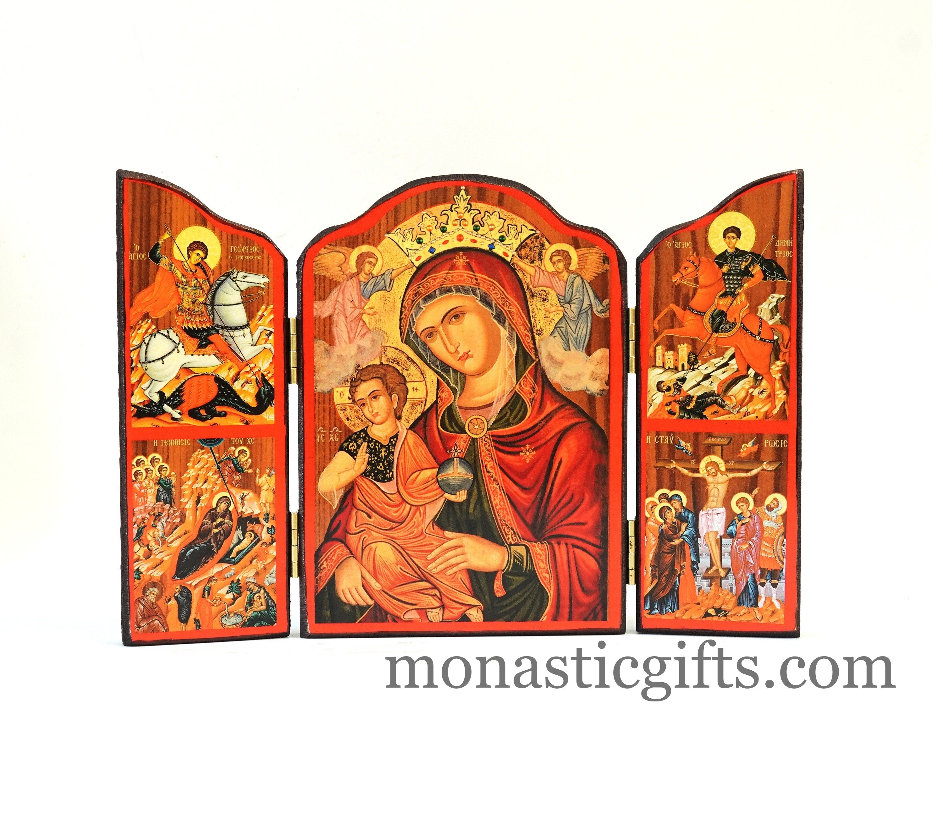 Triptych wooden Icon of Holy Theotokos with Jesus and many themes of B ...