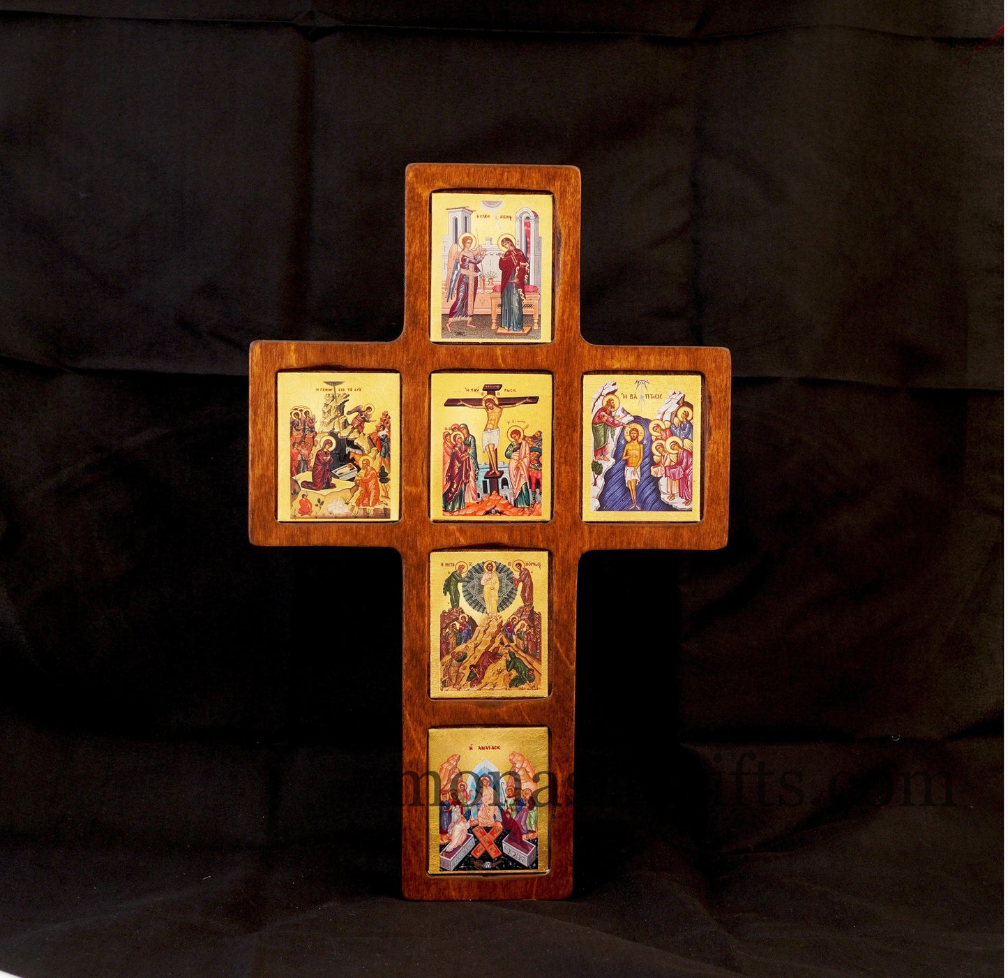 The Life of Jesus cross decorated with high quality iconographic silkscreens with hagiographic gold depicting, on Cross carved wood
